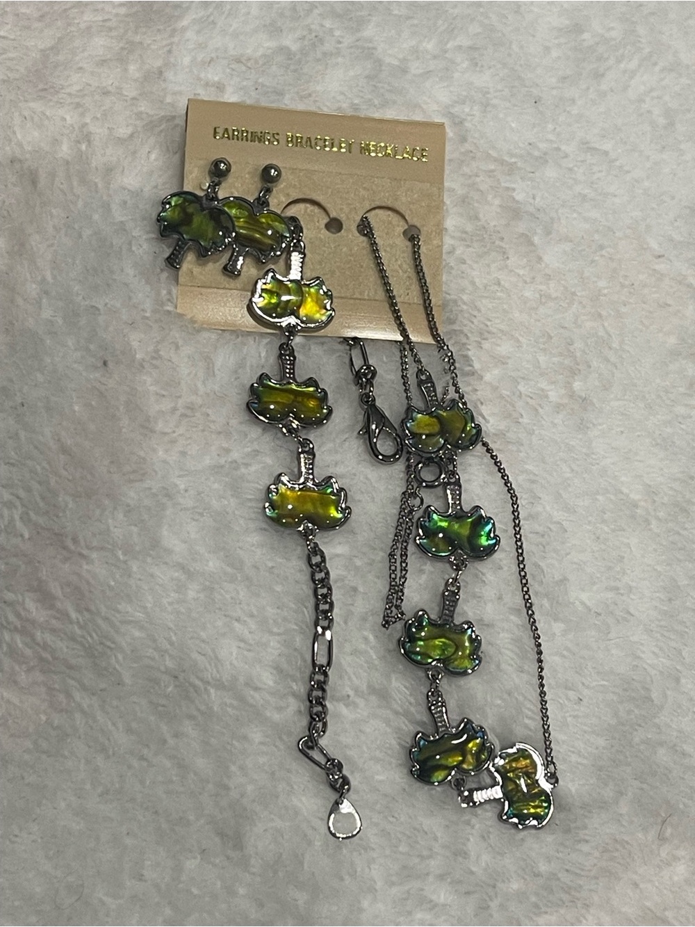 Green Iridescent Palm Tree Link Necklace, Earrings & Bracelet Set